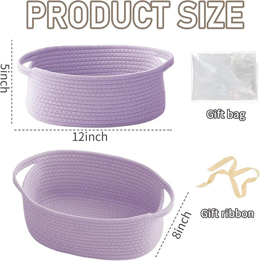 Woven Basket,Small Rope Storage Bin with Handles & Ribbon Bag, Organizer for Shelves Closets,Gift Basket Empty for Birthday,Books,Dog Toys, Purple