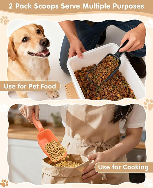 2-Pack Dog Food Scoop 1 Cup, Plastic Pet Food Measuring Scoop With Measuring Lines (1/2 & 1 Cup Markings) for Dogs, Cats, Fish, Bird(Black and Orange)