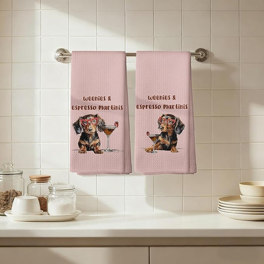 Weenies and Espresso Martini Kitchen Towels Set of 2, Dachshund Lover Gifts Dish Tea Towels for Kitchen, Gifts Cocktail Lovers Hand Towels, Weiner Dog Gifts, 16x24 Inch,CC154