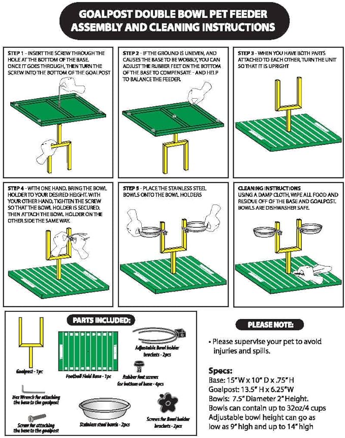NCAA Alabama Crimson Tide Goalpost Football Field Dog Feeder – Adjustable Elevated Dog Bowls with Stand, 2 Stainless Steel Bowls, Non-Slip Rubber Feet, Raised Pet Feeder for Large & Small Dogs