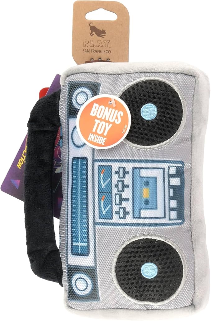P.L.A.Y. Cute Plush Dog Toys - 1980s Classics Themed Durable Squeaker 2-in-1 Chew Toy, Great for Puppies & Small, Medium, Large Dogs - Machine Washable, Recycled Materials (Boop Box Boombox & Casette)