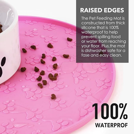 Silicone Pet Food Mat - Waterproof Dog Food Bowl Mat Cat Feeding Mat Thicker Pet Placemat Eating Mat with High Lip to Prevent Spills, Dog & Cat Water Bowl Mat for Messy Drinkers to Protect Floors,Pink