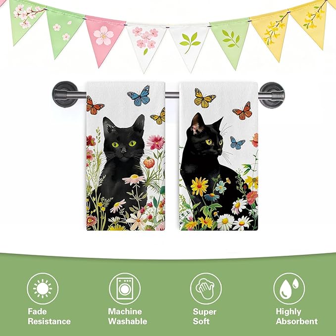 Spring Summer Black Cat Floral Kitchen Dish Towels Set of 2, Daisy Flower Butterfly Drying Hand Towel Baking Cooking Cloth, Wildflower Bathroom Home Decoration Pet Cat Owner Lover Gift 18''x26''