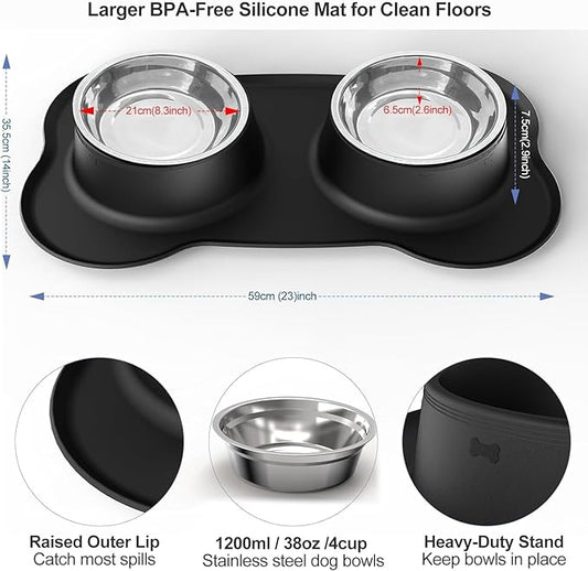 AsFrost Dog Food Bowls Stainless Steel Dog Bowls with No Spill Non-Skid Silicone Mat, Dog Food and Water Bowl Set, Dog Dishes for Small Medium Large Sized Dogs Pet Food Feeding Bowls, 4 Cup, Black