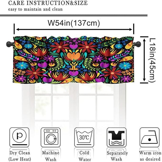 Mexico Valances Curtain for Kitchen, Colorful Mexican Style Flowers Pattern Window Treatment Valances Short Curtains Rod Pocket Drape for Dining Room Home Farmhouse Decor, 54x18inch