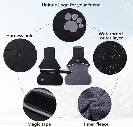 Geyecete Dog Winter Coat Geyecete Greyhound Raincoat Fabric with Lamb Velvet Inside Outdoor Dog Apparel with Adjustable Bands for Medium, Large Dog-Black-M