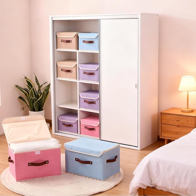 2PCS Storage Boxes with Lid Cotton Linen Fabric Storage Bins Organizer Container Decorative Collapsible Washable Shelf Closet Baskets Faux Leather Handles Home Bedroom (Pink, Large)
