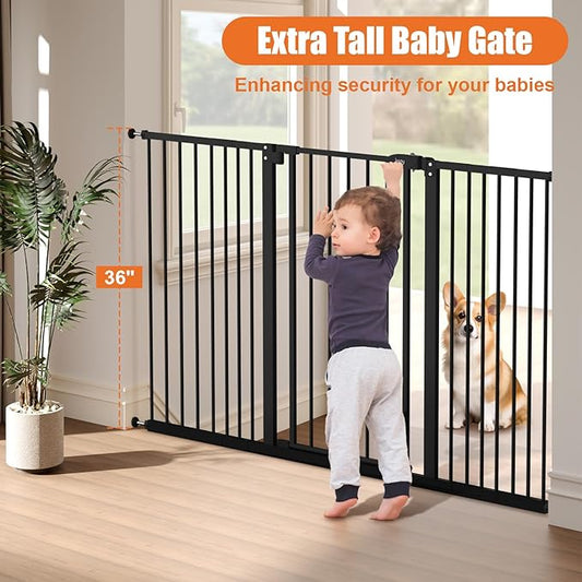 keny 36" Extra Tall Baby Gate for Stairs, 29"-55" Wide Auto Close Dog Gate for Doorways, Pressure Mounted Easy Walk Through Pet Gate with Door, Black