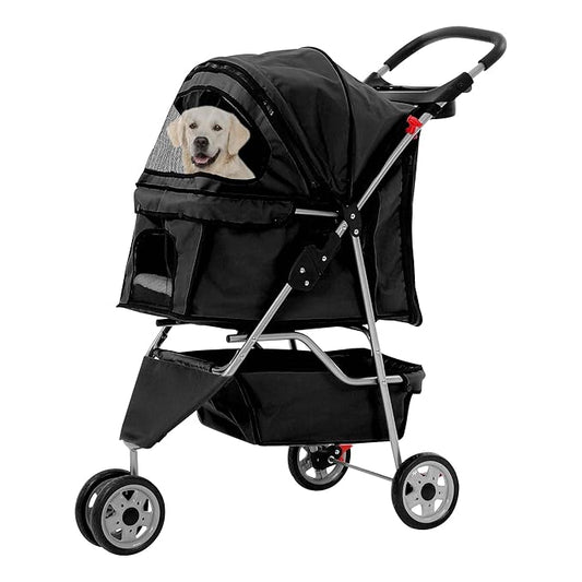 Pet Stroller for Small Medium Dogs & Cats,3-Wheel Breathable Compact Foldable Dog Carrier with Storage Basket, Outdoor Portable Lightweight Travel Stroller for Camping,Black