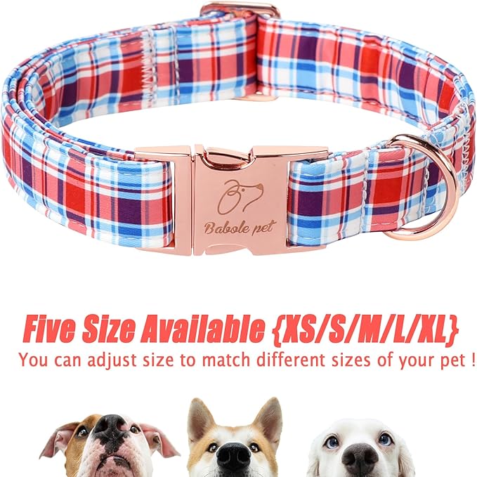 Adjustable Plaid Boy Dog Collar - Classic Boy Dog Plaid Collars for Medium Dogs, Durable Red White Blue Heavy Duty Metal Buckle Pet Collar M