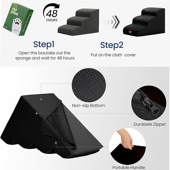 GoGoBunny Ramp Dog Stairs for Couch Sofa and Chair 15.7" H, 3-Step Pet Steps for Small Dogs and Cats, Non-Slip Waterproof Fabric Cover, Stable and Balanced Indoor Step, Pets Friendly, Black