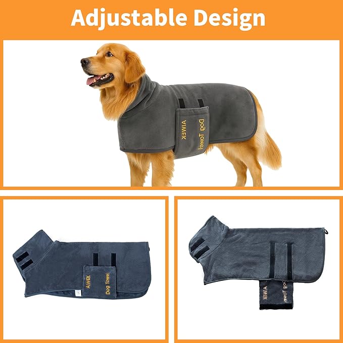 Dog Towel Dog Bathrobe, Microfiber Super Absorbent Pet, Quick Drying Robe for After Bath, Adjustable Collar & Belly Strap Pet Cat Bath Robe Towel Grey-M