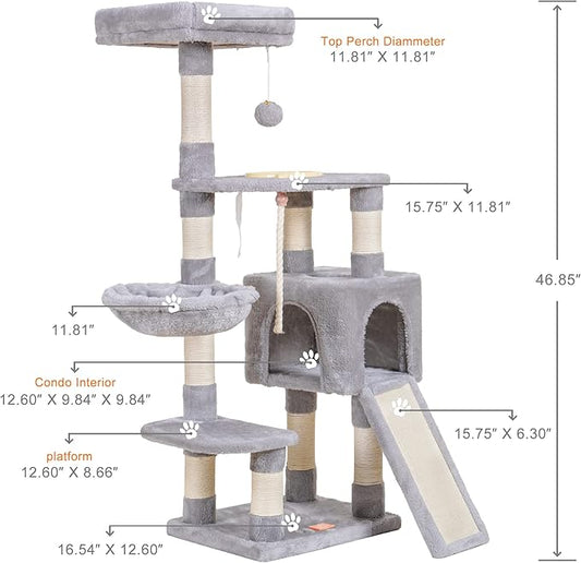 Heybly Cat Tree, Cat Tower for Indoor Cats with Scratching Board, Multi-Level Cat Furniture Condo with Feeding Bowl Light Gray HCT010SW