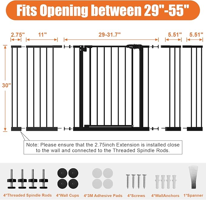 keny 29"-55" Extra Wide Baby Gate, Pressure Mounted No Drilling Dog Gate for Stairs Doorways, Easy Walk Through Safety Gate for Babies or Pets, 30" Tall, Black