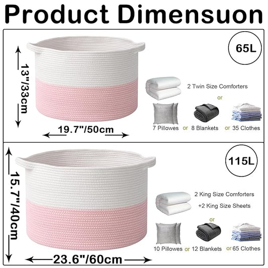 65L Large Blanket Basket,19.7" L x 19.7" W x 13" H Rope Woven Baskets with Handles, Toys Storage Bins,Laundry Basket Perfect for Living Room, Nursery,Bedroom,Home Organization,White&Pink