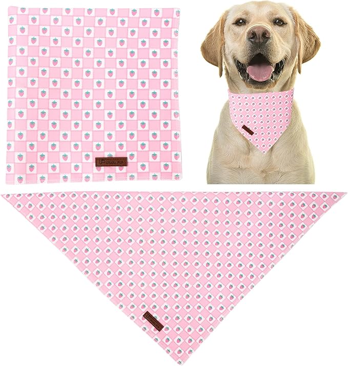 Spring Dog Bandana, UP URARA PUP Strawberry Triangle Bid Scarf for Medium Large Dogs, Cotton Kerchief for Girl Boy Puppies, Cute Spring Pink and White Bandana,S