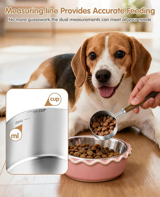 Stainless Steel Dog Food Scoop, Dog Food Measuring Cup With Measuring Lines (Cup/ML) & Long Wooden Handle, Metal Pet Food Scoop For Dogs, Cats and Kitchen Use, Dishwasher Safe (1/4 CUP)