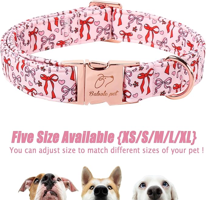 Pink Dog Collar for Female Medium Dogs - Cute Bow Pattern Girl Dog Collar for Spring Summer, Adjustable Heavy Duty Pet Valentines Collars with Metal Buckle M