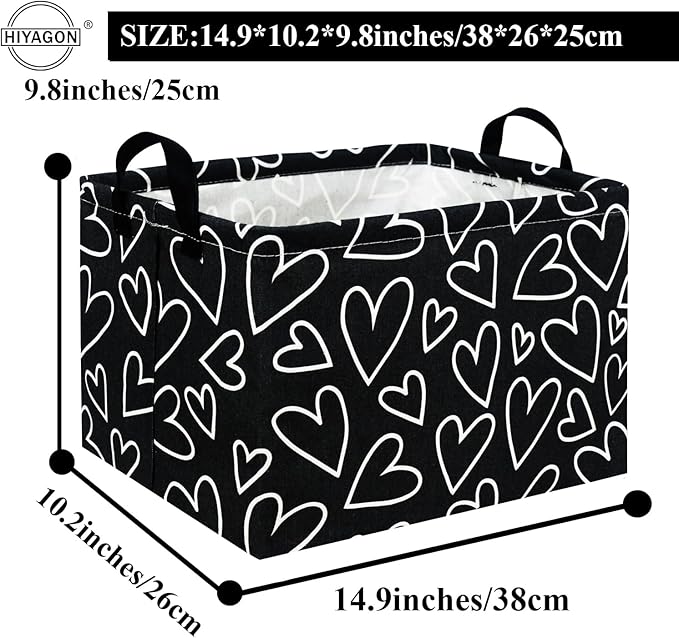 HIYAGON Rectangular Heart Basket Kids Baby Storage Bin Toy Basket Organizer Box for Girls Love Room Decor(Black Line Heart)
