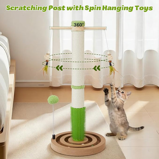Cat Scratching Post, 26 Inch Tall Scratching Posts for Indoor Cats Adults and Kittens, Small Cat Scratch Post with Rotatable Hanging Toys, Rubber Brush and Double-Layer Interactive Wooden Ball Track