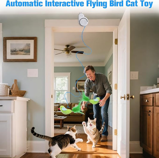 Interactive Cat Toys for Indoor Cats: Automatic Electric Flying Bird Feather & Mouse Wand, Rechargeable Electric Hanging Play Chase Exercise Moving Enrichment Toy for Bored Kittens and Adult Cats