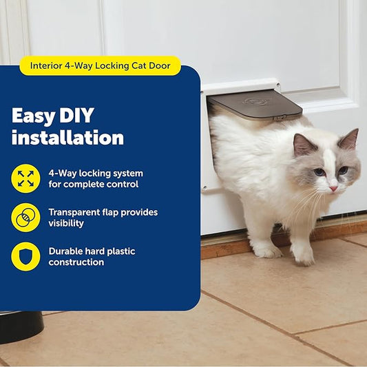 PetSafe 4-Way Interior Locking Cat Door - Allows Convenient Movement Between Rooms & Minimizes Scratching - Tinted Durable Plastic Privacy Door for Feeder & Litter Box