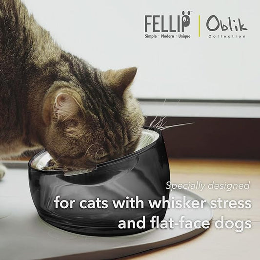 Felli Oblik Elevated Cat Bowl Removable Stainless Steel Wide Dish for Dry Wet Food Feeding & Dishwasher Clean, Slanted Whisker Fatigue Friendly Metal Plate (Smoky, 0.5 Cups Shallow Dish)