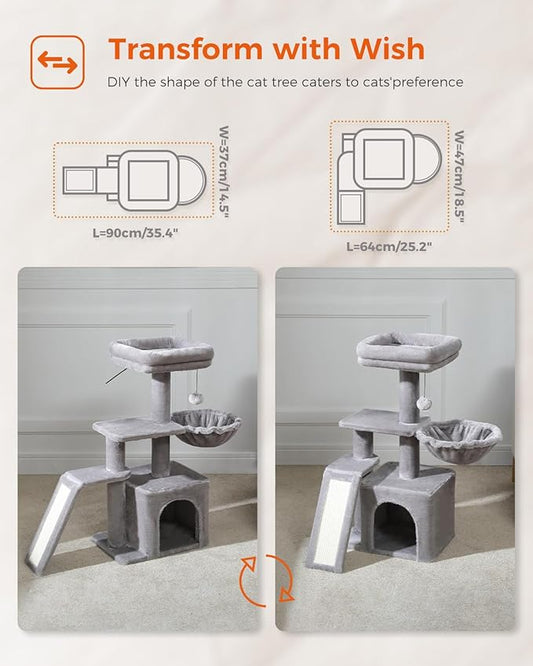 PETEPELA Small Cat Tree for Indoor Cats, 32'' Cute Cat Tower Cat Condo with Sisal Scratching Ramp, Cozy Hammock and Removable Top Bed Perch for Kittens, Grey