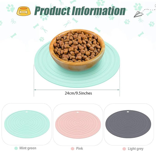 3 Pieces Silicone Pet Food Mat Feeding Mat for Dog and Cat Bowl Placemat Preventing Food and Water Overflow Suitable for Medium and Small Pet(9.5 Inch,Pink, Green, Gray)