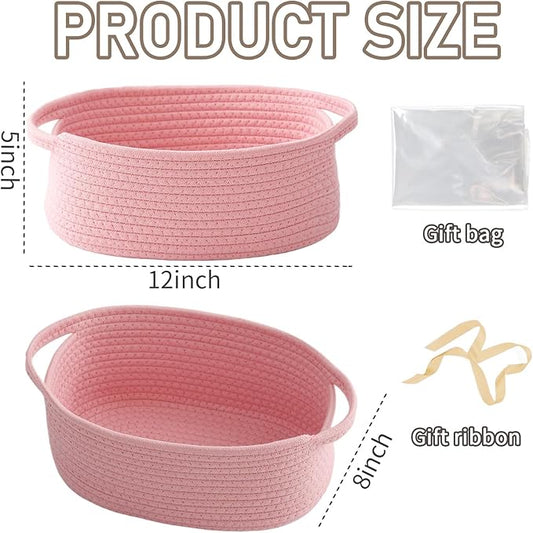 Woven Basket,Small Rope Storage Bin with Handles & Ribbon Bag, Organizer for Shelves Closets,Gift Basket Empty for Birthday,Books,Dog Toys, Pink/3 Pack