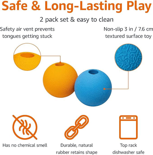 Amazon Basics Interactive Bouncy Durable Rubber Dog Toy Balls, 3 inch, Blue, Orange, Pack of 2