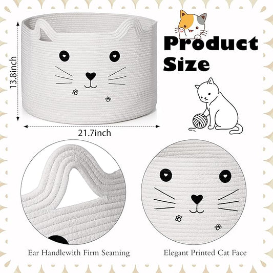 Zopeal Cat Basket Storage Woven Organizer with Ears Easter Decorative Pet Toy Cute Cotton Rope Basket for Gift Cat Dog Toy Bin Nursery Room(21.7 x 13.8 Inch,White)