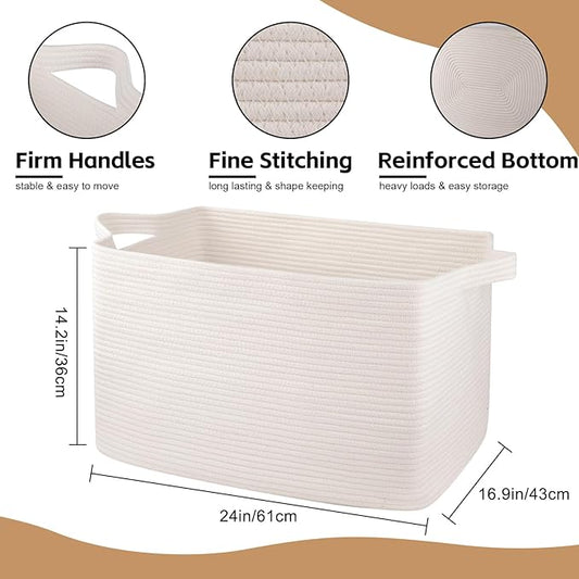 95L Extra Large Blanket Basket, 24" x 16.9" x 14.2" Woven Storage Basket for Living Room, Rectangle Nursery Blanket Storage for Toys, Towels, Dirty Clothes (White)