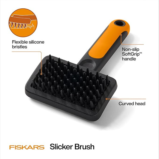 Fiskars Pet, Cat and Dog Brush, Fine Bristles & SoftGrip Handle for Gentle Grooming and Deshedding, Cat and Dog Supplies, Orange/Black