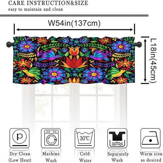 Mexico Valances Curtain for Kitchen, Mexican Folk Art Traditional Flower Pattern Window Treatment Valances Short Curtains Rod Pocket Drape for Dining Room Home Farmhouse Decor, 54x18inch