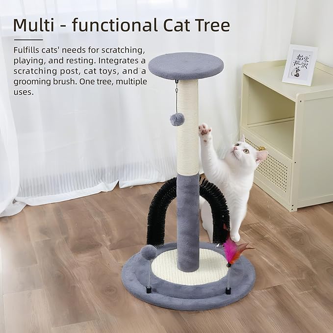 ROYPET Multifunctional Cat Scratching Posts for Indoor Kittens,Cat Scratching Posts for Play and Activity,Scratching Posts with Feather Toys and Self-Grooming Brush,Grey