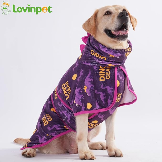 LovinPet 3‑in‑1 Dog Warm Winter Coat & Bathrobe, Hooded Dinosaur Fleece, Lightweight High‑Loft, Absorbent Knit, Quiet Hook‑and‑Loop, Wind‑Blocking Edges,Dog Robes for Medium & Large Dogs, Purple,2XL