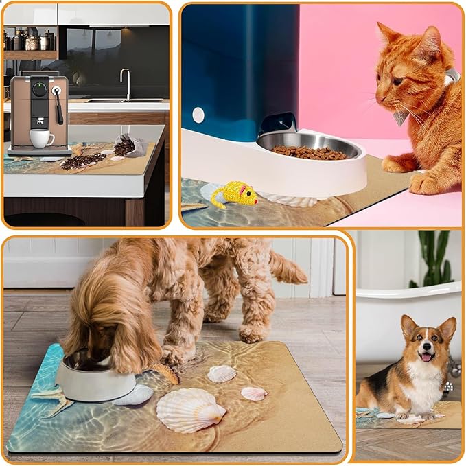 Dog Food Mats for Floors Absorbent, Cat Food Mat - Pet Cat Feeding Mat Quick Dry, Dog Bowl Mats for Water, Pet Supplies Feeding Placemat 12" x 20" Beach