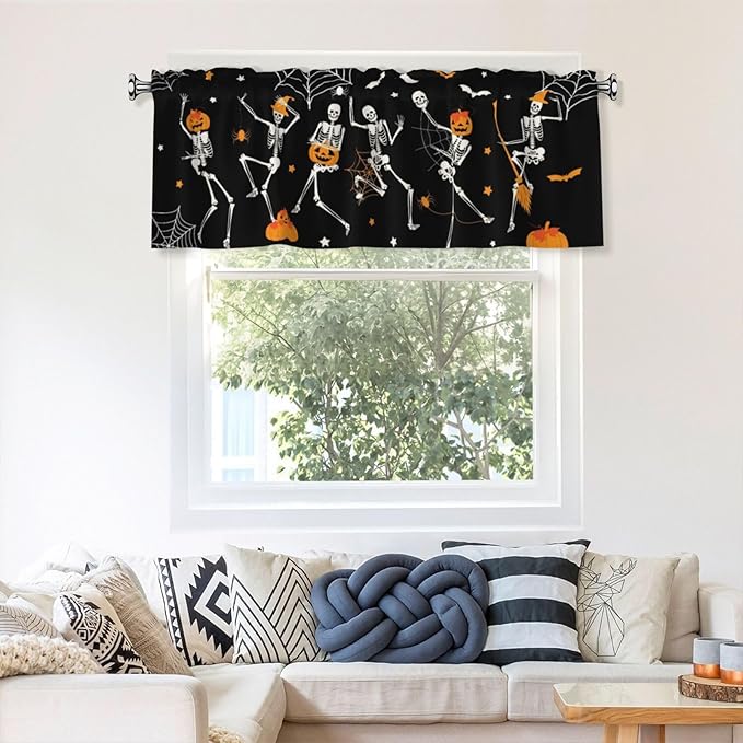 Halloween Skeleton Curtain Valance Short Rod Pocket Window Treatment for Living Room Bedroom Kitchen Bathroom 1 Panel 54" W x 18" L