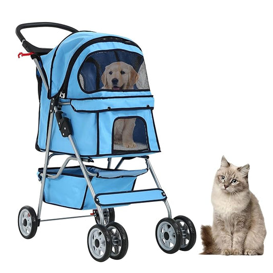 Pet Stroller for Small Medium Dogs & Cats, 4-Wheel Breathable Compact Foldable Dog Carrier with Storage Basket, Outdoor Portable Lightweight Travel Stroller for Camping,Blue
