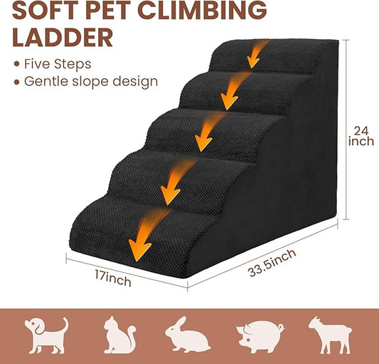 5 Steps Dog Stairs for Bed, 24" Dog Steps for High Bed, High Density Pet Steps for Small Dogs, Extra Wide Non-Slip Dogs Ramp for Injured, Older Pets, Small Cats, Black