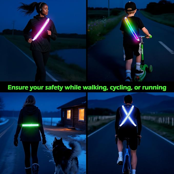 Reflective Sash Gear for Walking at Night,Flashing LED Reflective Belt Safety Lights for Walkers Night Dog Walking Biking Running,High Visibility Rechargeable With Wear 2 Ways for Men Women