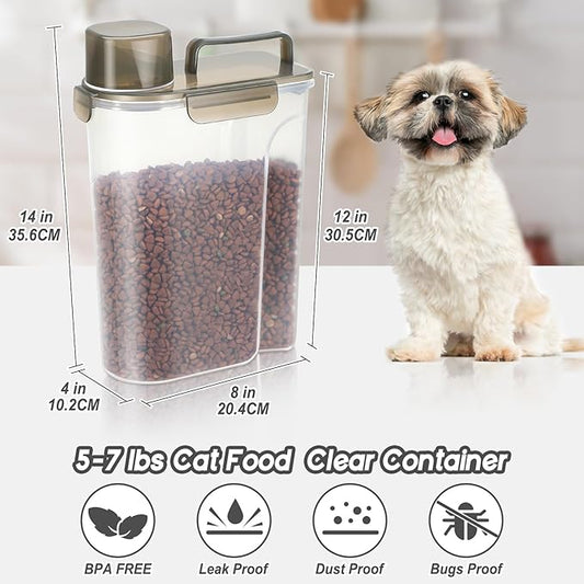 5-7Lbs Dog Cat Food Storage Container with Upgraded Large Nozzle BPA-free, 4 Snap Seals Plastic Pet Food Storage Containers with Handles (Clear Brown, 5L-1pack)