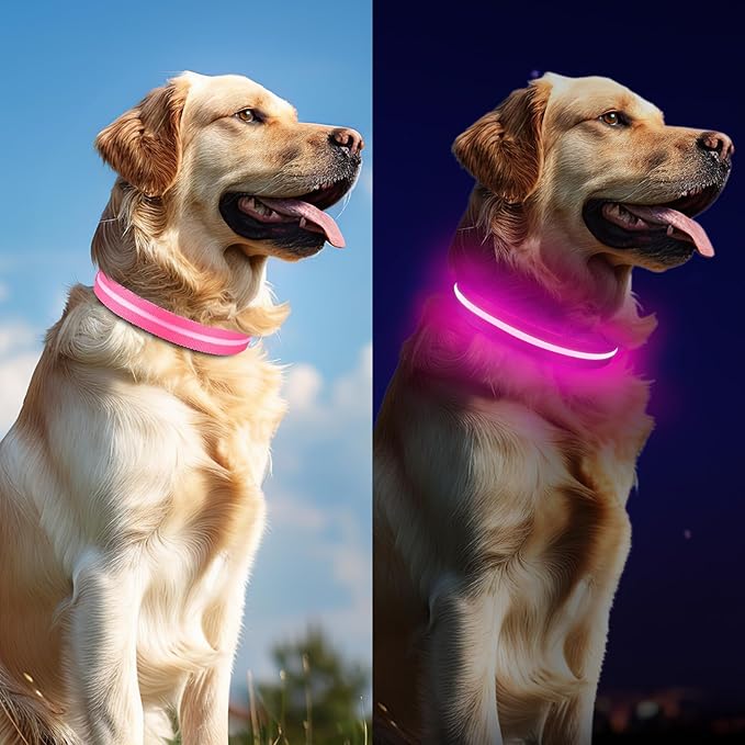 Light Up Dog Collar, Adjustable USB Rechargeable Glow in Dark Dog Collar ,Waterproof Dog Collars for Large Dogs (Pink, Large)