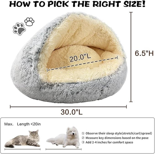 ShinHye Round Plush Fluffy Hooded Cat Bed Cave, Cozy for Indoor Cats or Small Dogs, Waterproof Bottom, Washable(30 in)