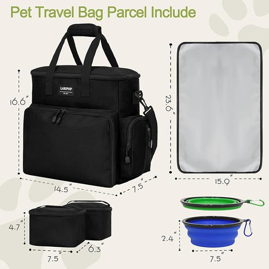 LARIPOP Dog Travel Bag Airline Friendly for Small Medium Large Dogs, Pet Travel Organizer with Collapsible Bowls Food Containers Mat, Waterproof Portable Tote for Dog Outdoor Travel