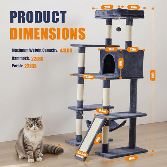 Large Cat Tree 63 Inch, Multi-Level Tall Cat Tree Tower with Condo, Perch, Sisal Scratching Posts Board and Hammock, Pet Play House with Dangling Balls for Indoor Cats, Dark Grey
