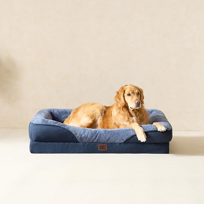 EHEYCIGA Orthopedic Dog Bed for Large Sized Dog, 36x27x7 Inch Large Memory Foam Dog Couch Bed with Sides, Waterproof Liner & Washable Removable Cover, Bolster Pet Sofa, Navy