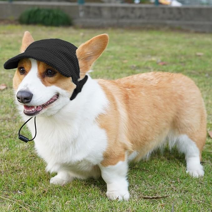 Dog Baseball Cap, Dog Cat Summer Beach Visor Hat with Ear Holes, Adjustable Puppy Sunbonnet Headdress (Black, Large)