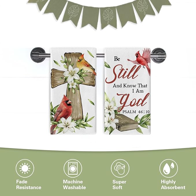 Christian Cardinal Kitchen Dish Towels Set of 2, Religious Cross Red Birds Drying Hand Towel Baking Cooking Cloth, Lily Flowers Holy Bible Home Decoration 18 x 26 Inches